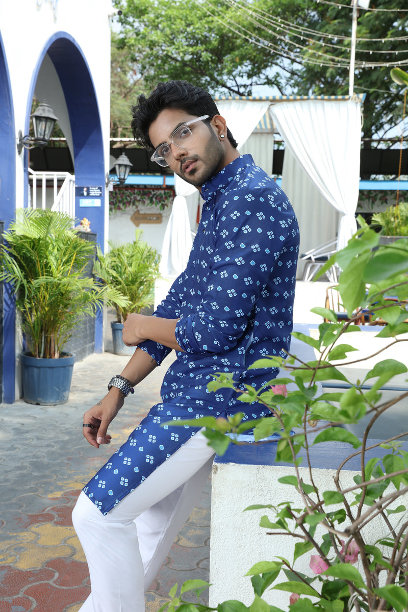 printed kurta dark blue colour sitting left  view