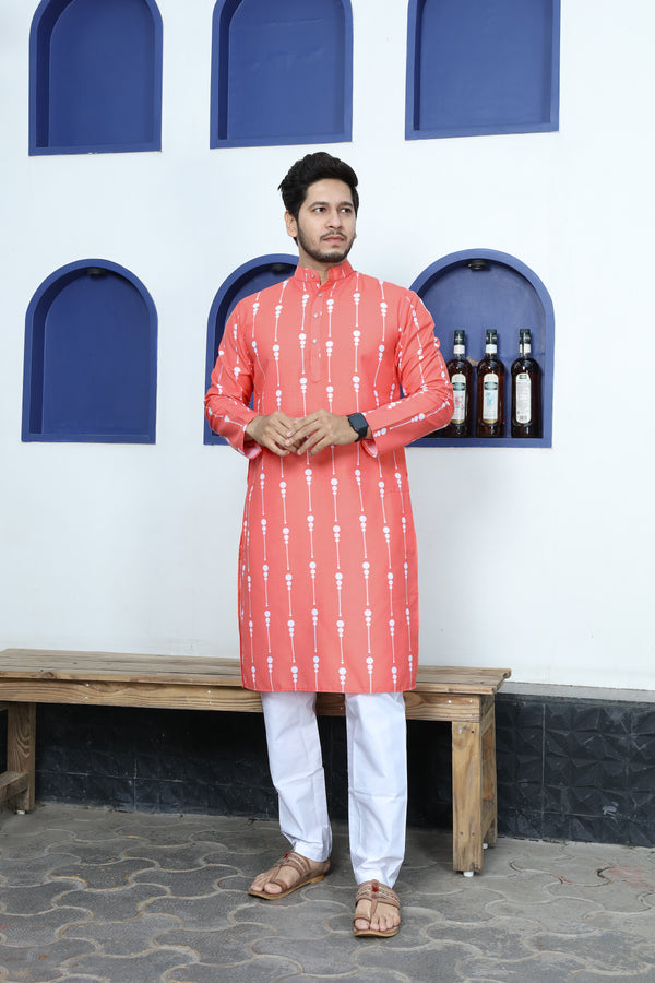 Ancita Premium Men's Peach Printed Cotton Kurta Stylish Comfort Wear for Every Occasion