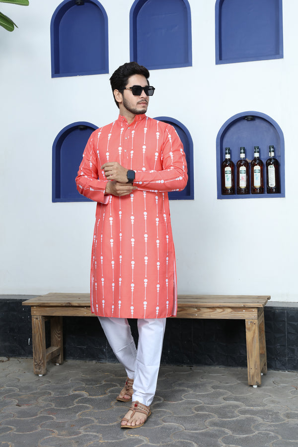 Ancita Premium Men's Peach Printed Cotton Kurta Stylish Comfort Wear for Every Occasion