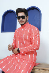 Ancita Premium Men's Peach Printed Cotton Kurta Stylish Comfort Wear for Every Occasion