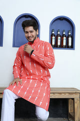 Ancita Premium Men's Peach Printed Cotton Kurta Stylish Comfort Wear for Every Occasion