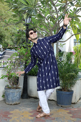 Ancita Premium Men's Navy Blue Printed Cotton Kurta Stylish Comfort Wear for Every Occasion