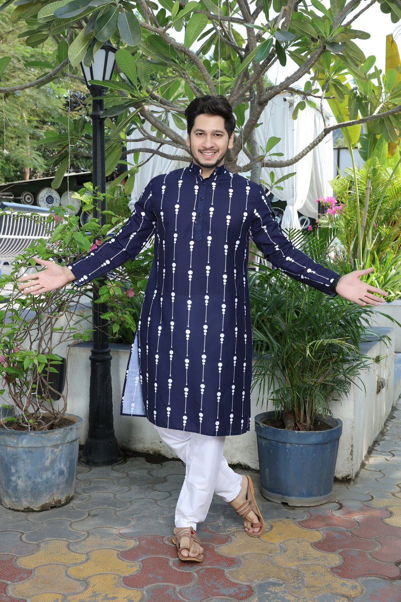 Ancita Premium Men's Navy Blue Printed Cotton Kurta Stylish Comfort Wear for Every Occasion