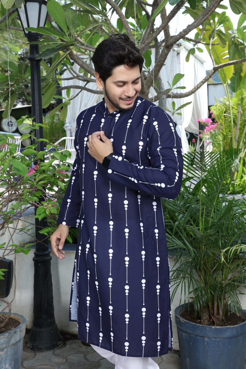 Ancita Premium Men's Navy Blue Printed Cotton Kurta Stylish Comfort Wear for Every Occasion