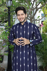 Ancita Premium Men's Navy Blue Printed Cotton Kurta Stylish Comfort Wear for Every Occasion