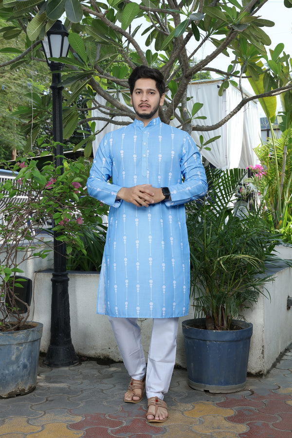 Ancita Premium Men's Sky Blue Printed Cotton Kurta Stylish Comfort Wear for Every Occasion