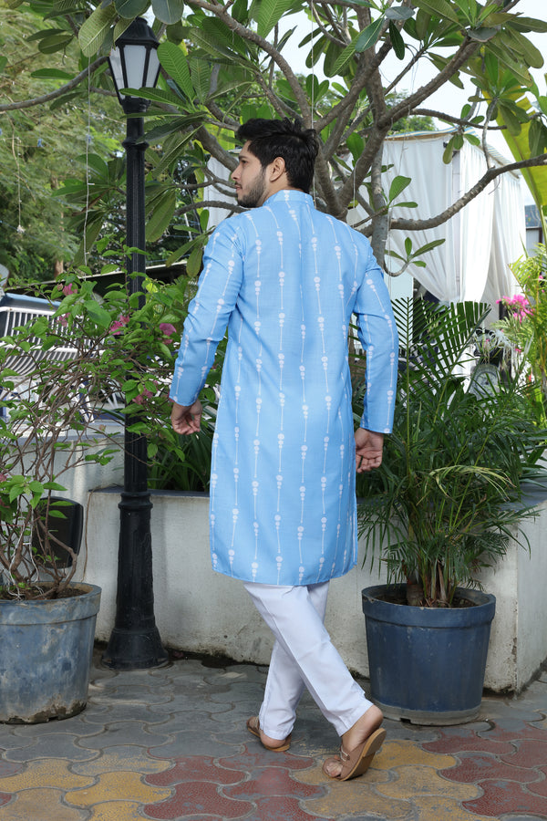 Ancita Premium Men's Sky Blue Printed Cotton Kurta Stylish Comfort Wear for Every Occasion